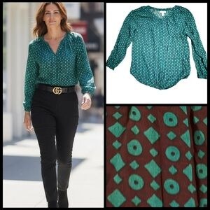 LOFT Black and Teal Patterned Women's Top Size XS